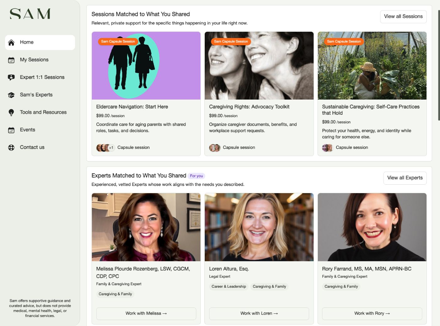 The Sam dashboard showing personalized Sessions and Experts
